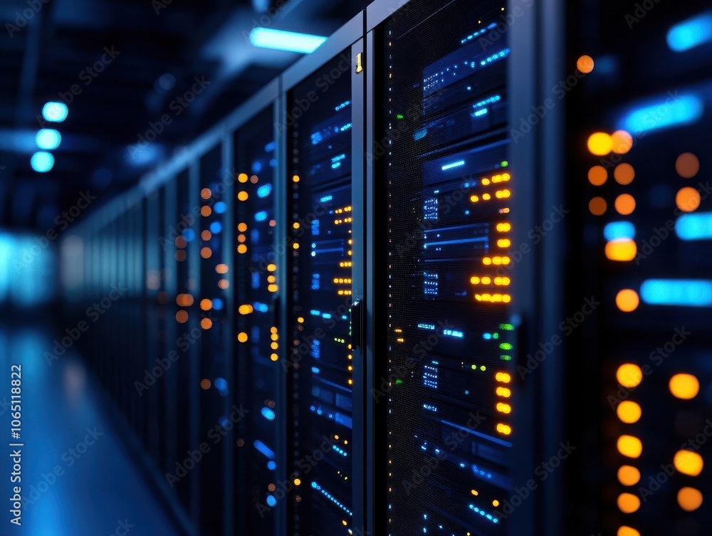 Aufkleber a close-up view of a modern data center with illuminated server racks, showcasing technology and dig