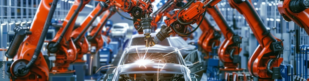 Poster robotic arms assembling cars on a production line in a modern automotive manufacturing facility show
