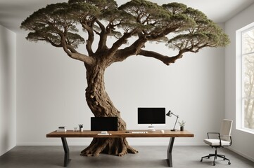 Futuristic workspace installations harmoniously integrated into forest environments featuring quantum processing elements natural surroundings and advanced technology merged with organic landscapes