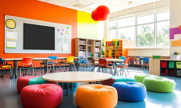 A special education classroom features bright, colorful furniture set up in flexible seating configurations, promoting an engaging learning environment for students
