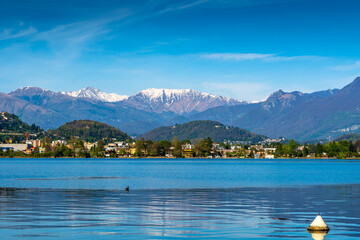 Promenade of Lugano with the beautiful scenery of lake Lugano, canton of Ticino, Switzerland