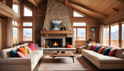 A stylish chalet living room with a blend of modern and traditional alpine decor, featuring a large brown sectional sofa, a stone fireplace with decorative logs, rustic wooden furniture, and warm ambi