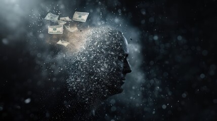 Naklejka premium A surreal depiction of a human silhouette dissolving into particles, suggesting thoughts or ideas, with elements resembling currency floating within.