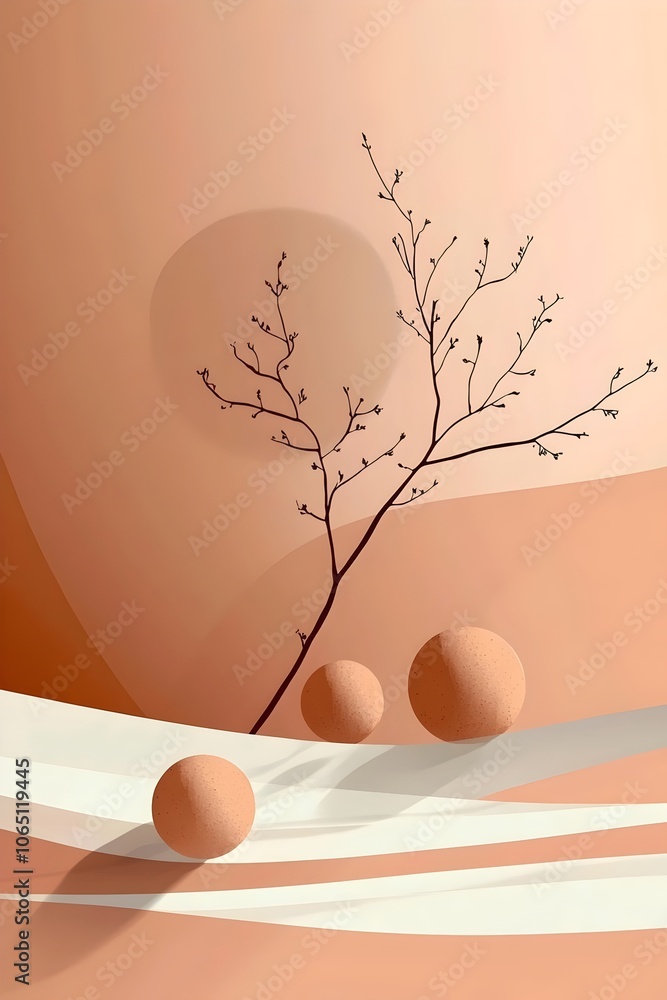 Poster Minimalist composition featuring a delicate branch and textured spheres against a soft peach backdrop, creating a serene and harmonious atmosphere.