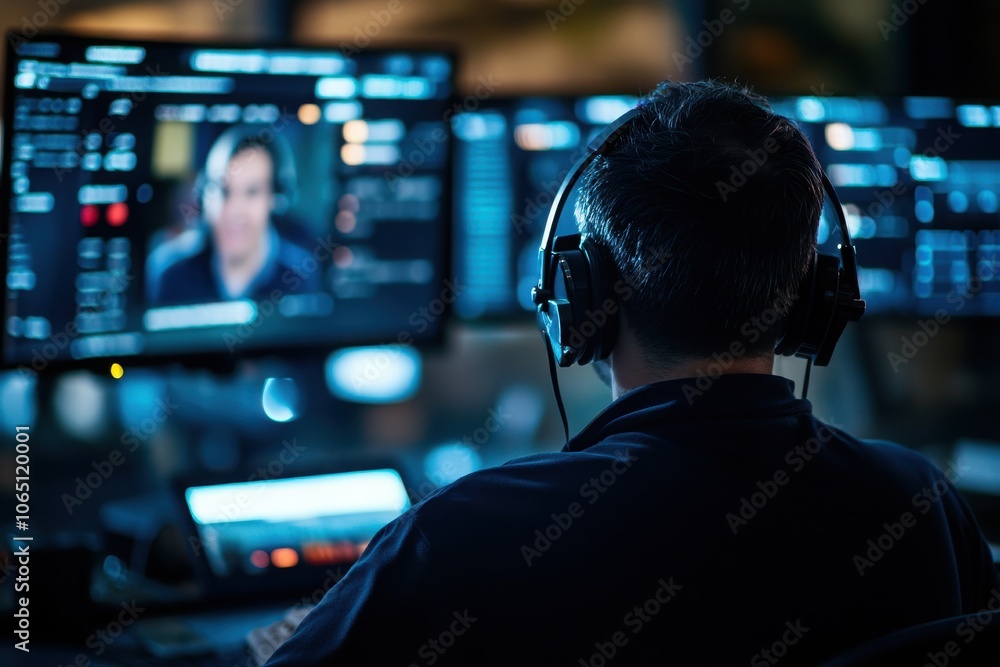 Poster a professional monitor setup showcasing video conferencing with a user wearing headphones, focused o