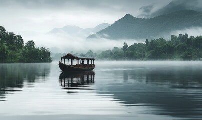 A traditional Shikara boat gently moves through the calm waters of Dal Lake, surrounded by misty mountains and lush greenery on a peaceful morning