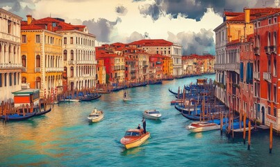 Fototapeta premium Watercolor Beautiful view of the Grand Canal with boats and colorful facades of old medieval houses from the Rialto Bridge in Venice, Italy. Venice is a popular