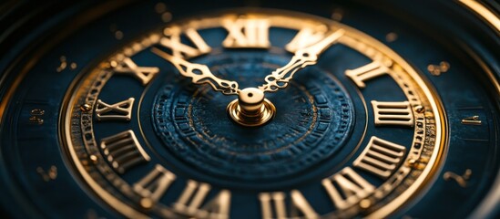 Obraz premium Close-up of a classic clock face with Roman numerals and gold hands.