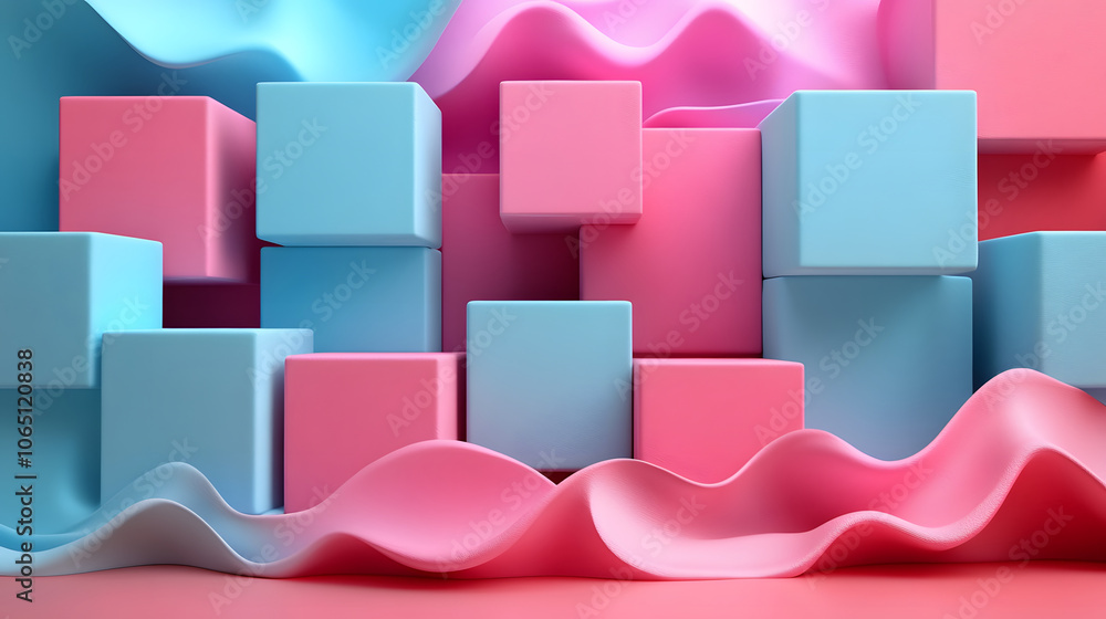 Poster a vibrant arrangement of geometric blocks in blue and pink against a wavy backdrop, creating a playf