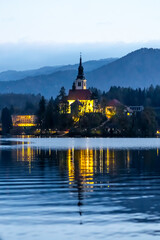 Blue hour of the Lake Bled. Beautiful famous place in Julian Alps region in Slovenia, Europe