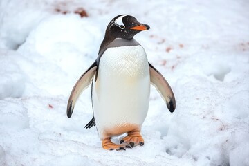 Fototapeta premium Gentoo penguin walking on snow in cold Antarctica