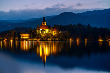 Night view of the Lake Bled. Beautiful famous place in Julian Alps region in Slovenia, Europe