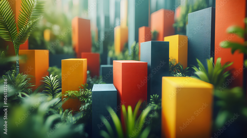 Poster a vibrant, abstract landscape featuring colorful blocks among lush greenery, creating a striking vis