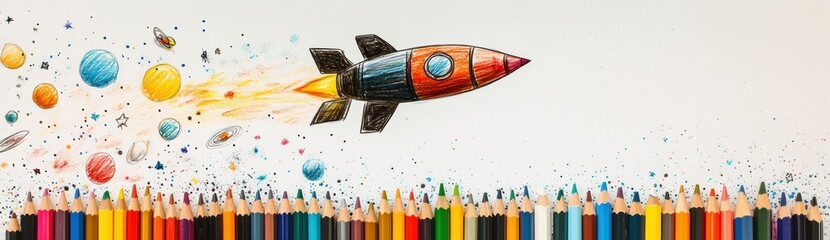 Colorful Rocket Launch with Space Drawing