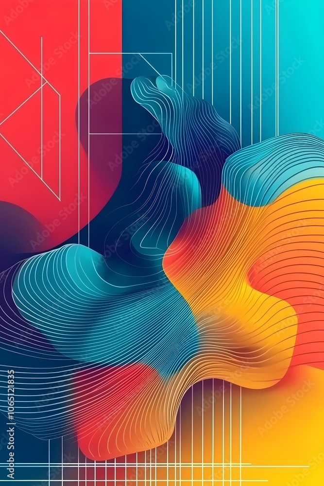 Poster an abstract composition featuring vibrant waves of teal, orange, and red, intertwined with delicate 