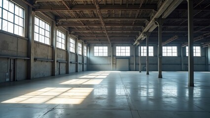 Spacious Industrial Interior With Large Windows and Natural Light Illuminating the Concrete Floor in an Empty Warehouse Setting