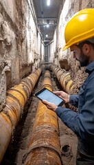 Engineer Inspects Aging Pipes in Underground Tunnel, Urban Infrastructure Inspection and Maintenance