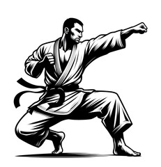 Isolated black and white vector illustration of a karate fighter in a fighting pose on a white background.
