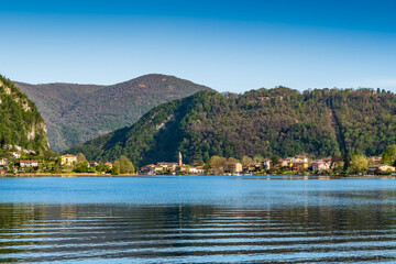 Promenade of Lugano with the beautiful scenery of lake Lugano, canton of Ticino, Switzerland