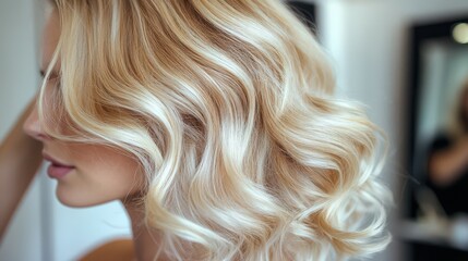 Naklejka premium Blonde Woman with Soft, Wavy Hair Styled in a Salon, Close-Up of Hairstylist Perfecting the Luxurious Look in a Relaxed Atmosphere