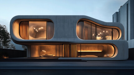 Modern two-story architectural building with smooth curves and large glass windows revealing interior lighting and furnishings at dusk.
