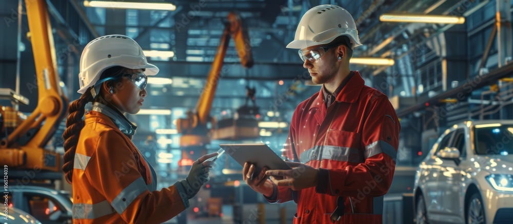 Poster professional engineers, equipped in safety gear, collaborate with advanced machinery in a hightech f
