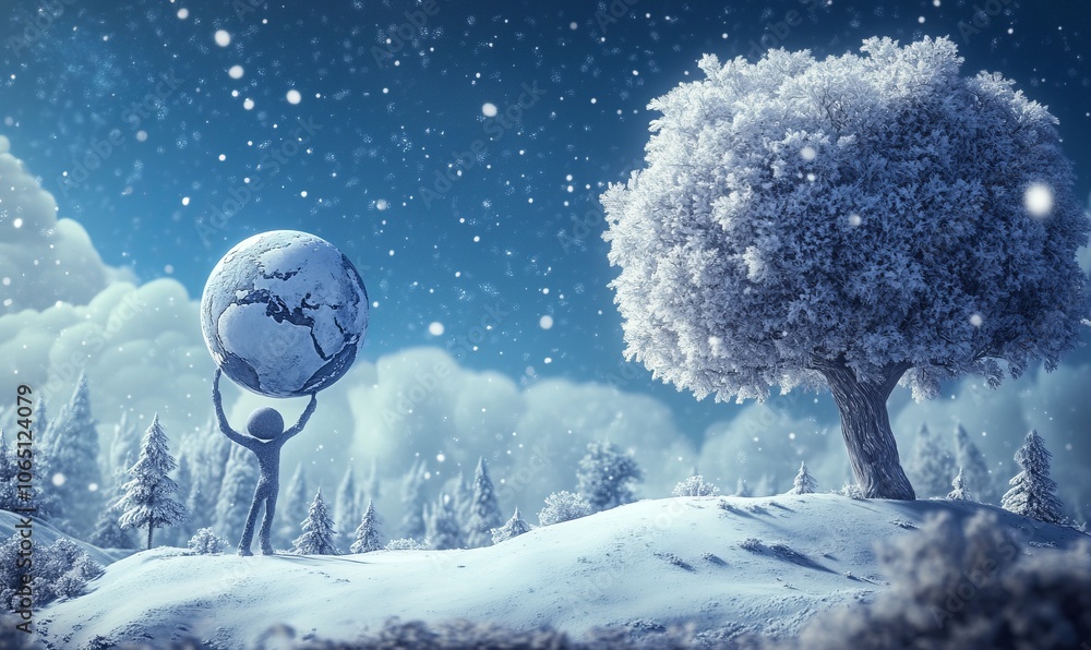Poster a whimsical, animated depiction of a snowy scene with atlas, showing him enduring the elements while