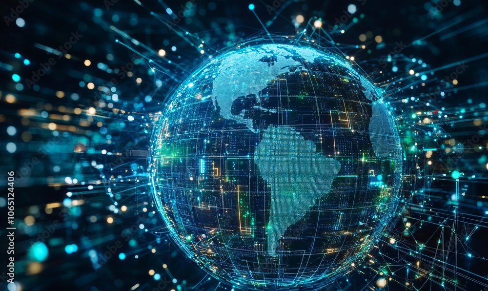 Aufkleber a wide-angle view captures a globe formed from intricate digital lines and shapes, glowing with vibr