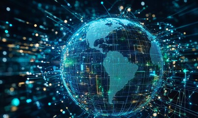 Obraz premium A wide-angle view captures a globe formed from intricate digital lines and shapes, glowing with vibrant blue and green lights, symbolizing global connectivity and innovation