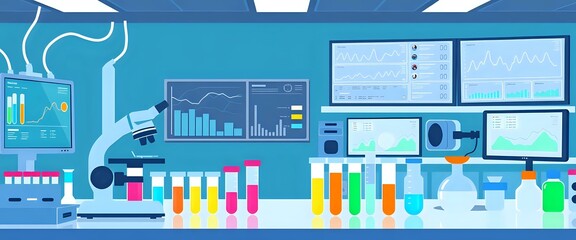 Obraz premium Scientific Laboratory Workspace - Microscope, Centrifuge, Computer Monitors & Equipment
