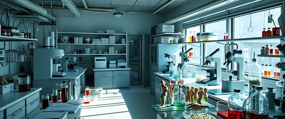 Bustling Scientific Lab with Various Glassware & Equipment