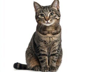 Obraz premium Gray striped cat sitting, isolated against a clean white backdrop