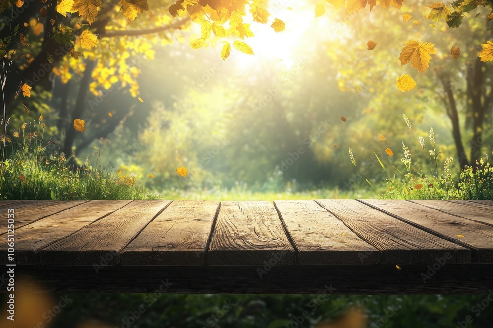 Poster autumn table top with blurred background for product display