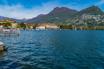 Promenade of Lugano with the beautiful scenery of lake Lugano, canton of Ticino, Switzerland