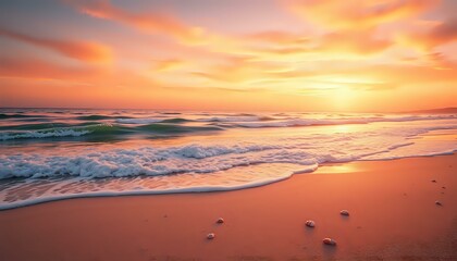 Obraz premium Serene Beach Sunset Reflection, Warm Hues, Tranquil Seaside Scene (16:9)