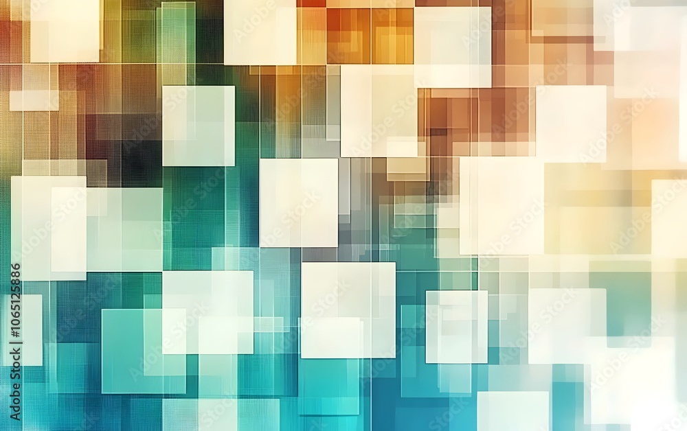 Poster an abstract composition featuring a blend of soft pastel colors and overlapping squares, creating a 