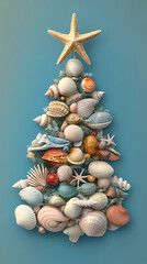 3D animated christmas ornament featuring seashells and sea creatures with a starfish on top, made from beach elements
