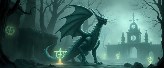 Majestic Green Dragon Soaring Over Foggy Clock Tower Landscape - Widescreen 21:9