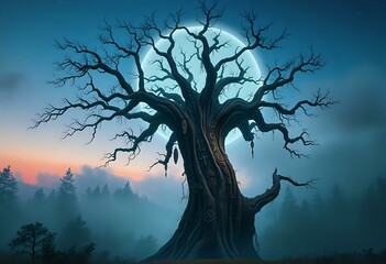 Fototapeta premium Ancient Tree Silhouette Against Foggy Forest at Dusk