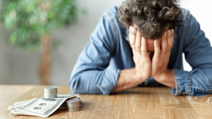 Fototapeta premium A man sits at a table with his head in his hands, looking distressed, next to a pile of cash, indicating financial stress.