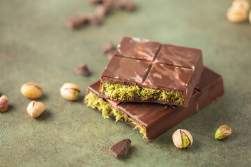 Dubai chocolate  with green kataifi and pistachio paste. Trend dessert