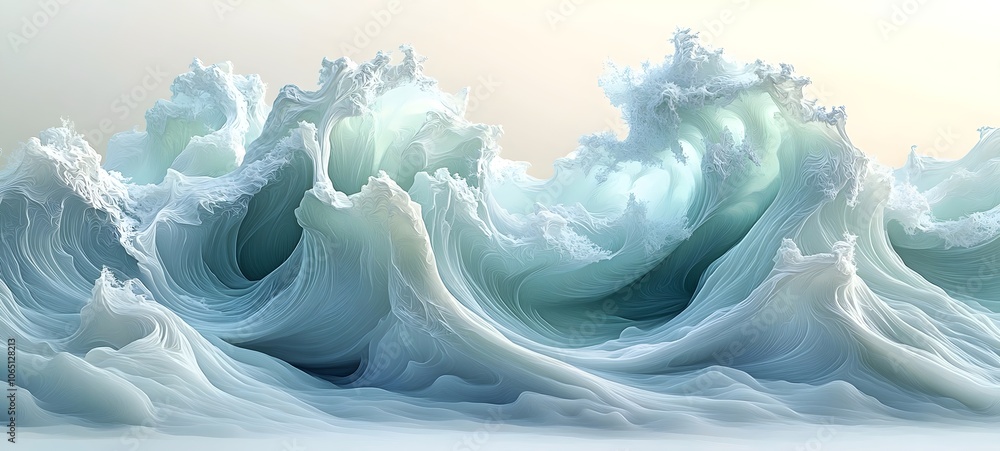 Poster a mesmerizing display of powerful ocean waves, with intricate foam patterns and soft pastel colors c