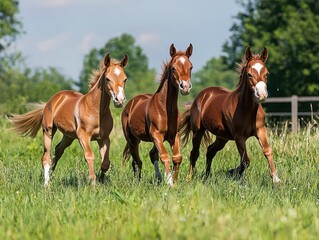 Fototapeta premium Group three young horses frolicking in a pasture
