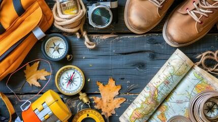 Outdoor camping essentials on rustic wooden surface. Includes compass, boots, backpack, rope, map, lantern, and autumn leaves. Concept represents exploration, adventure, and preparation for travel.