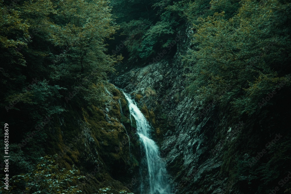 Poster a beautiful waterfall flows down a rocky terrain surrounded by dense green trees, creating a serene 