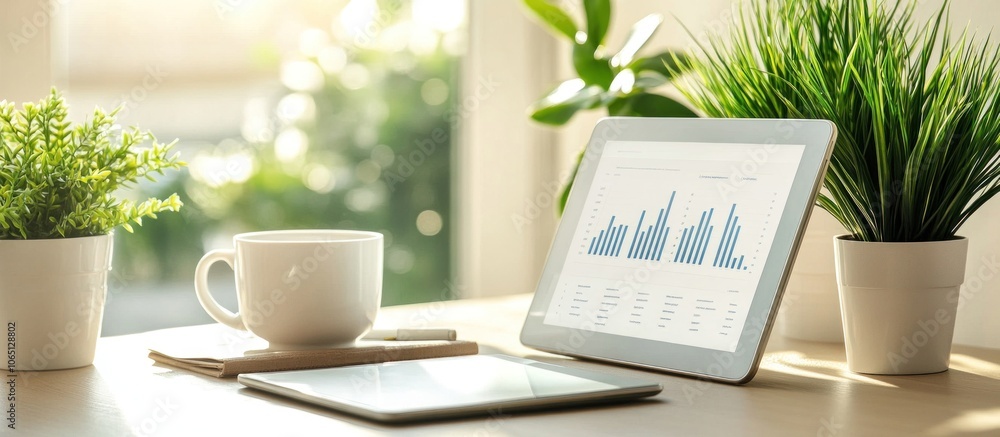 Poster a white tablet displaying a graph sits on a desk with a white coffee cup and a notebook beside it. t