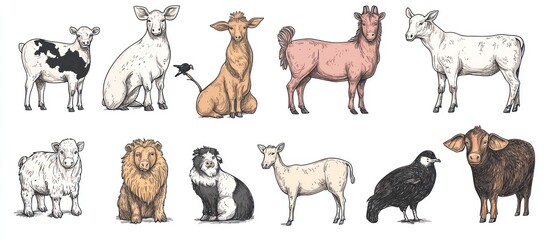 Fototapeta premium Hand-drawn illustration a diverse set farm animals