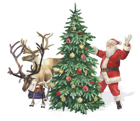 Watercolor Santa Claus, decorated Christmas tree and reindeer
