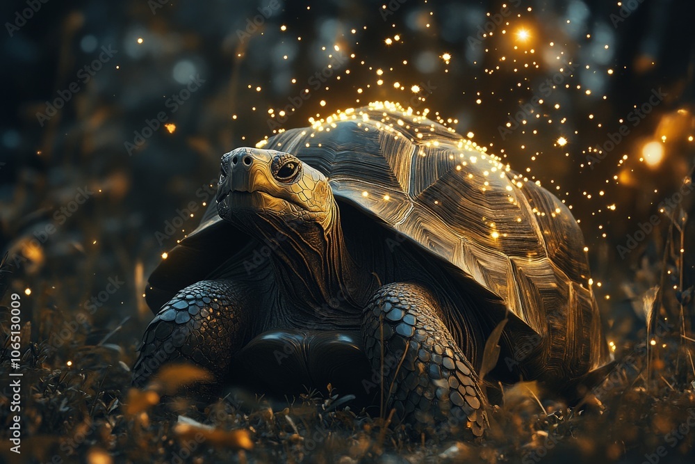 Aufkleber a tortoise is surrounded by glowing sparkles in a magical and serene natural environment, captured i