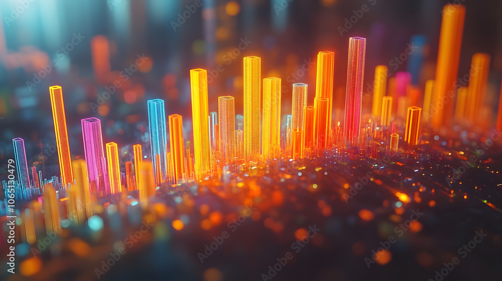 Poster A colorful, abstract representation of sound waves or data visualization, showcasing vibrant bars in a digital landscape.